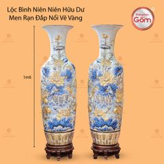 Lộc Bình Niên Niên Hữu Dư Men Rạn Đắp Nổi Vẽ Vàng