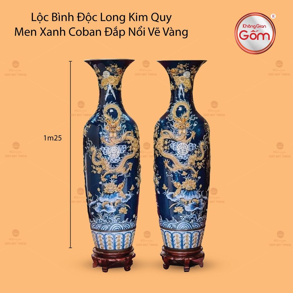 Lộc Bình Độc Long Kim Quy Men Xanh Coban Đắp Nổi Vẽ Vàng