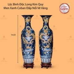 Lộc Bình Độc Long Kim Quy Men Xanh Coban Đắp Nổi Vẽ Vàng