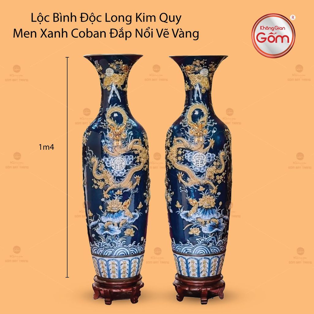 Lộc Bình Độc Long Kim Quy Men Xanh Coban Đắp Nổi Vẽ Vàng