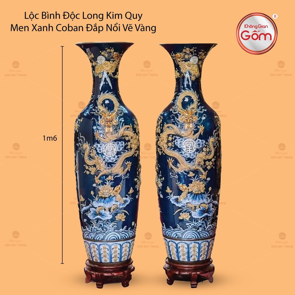Lộc Bình Độc Long Kim Quy Men Xanh Coban Đắp Nổi Vẽ Vàng
