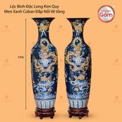 Lộc Bình Độc Long Kim Quy Men Xanh Coban Đắp Nổi Vẽ Vàng
