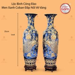 Lộc Bình Công Đào Men Xanh Coban Đắp Nổi Vẽ Vàng