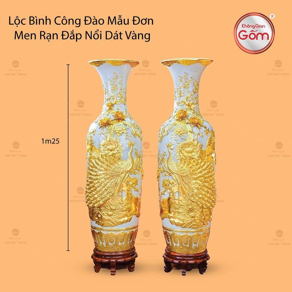 Lộc Bình Công Đào Mẫu Đơn Men Rạn Đắp Nổi Dát Vàng