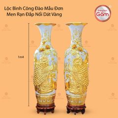 Lộc Bình Công Đào Mẫu Đơn Men Rạn Đắp Nổi Dát Vàng