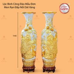 Lộc Bình Công Đào Mẫu Đơn Men Rạn Đắp Nổi Dát Vàng