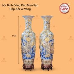 Lộc Bình Công Đào Men Rạn Đắp Nổi Vẽ Vàng