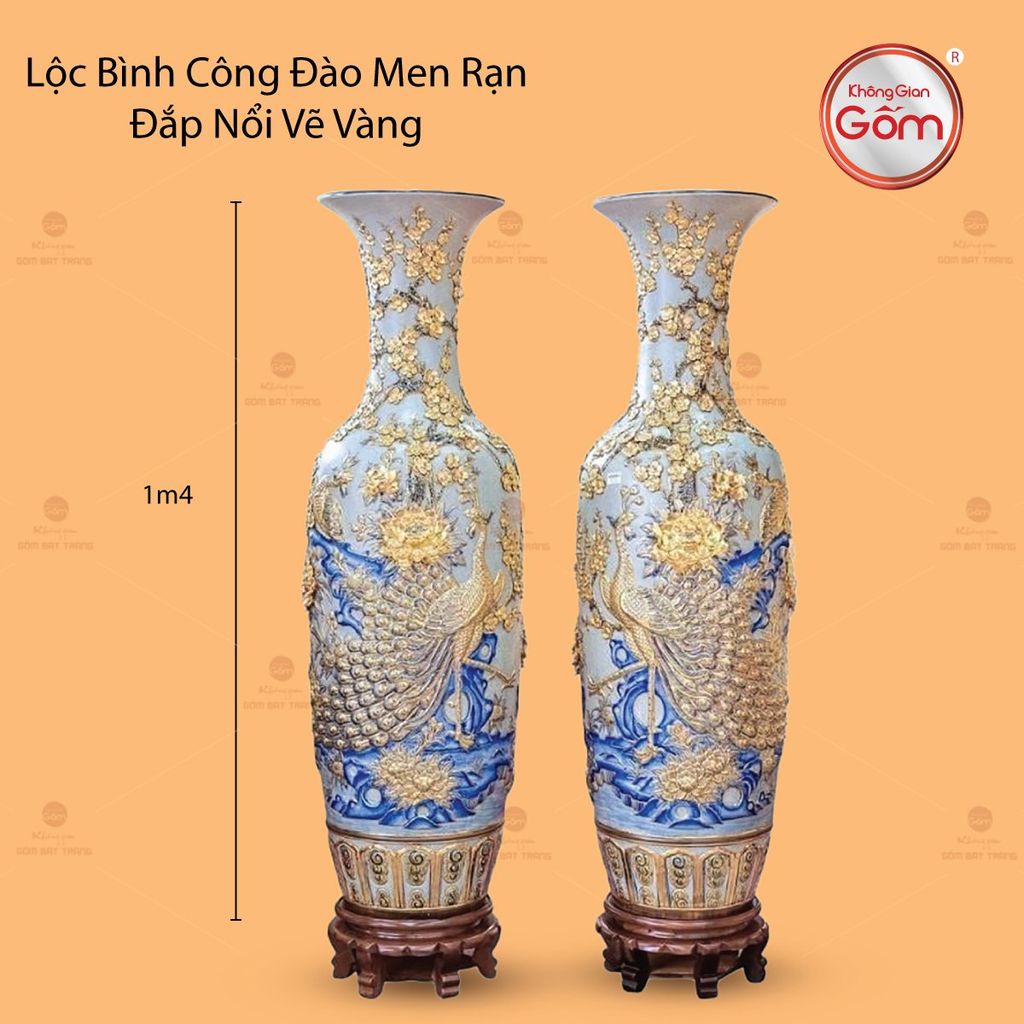 Lộc Bình Công Đào Men Rạn Đắp Nổi Vẽ Vàng