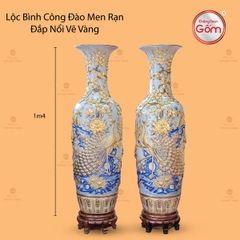Lộc Bình Công Đào Men Rạn Đắp Nổi Vẽ Vàng