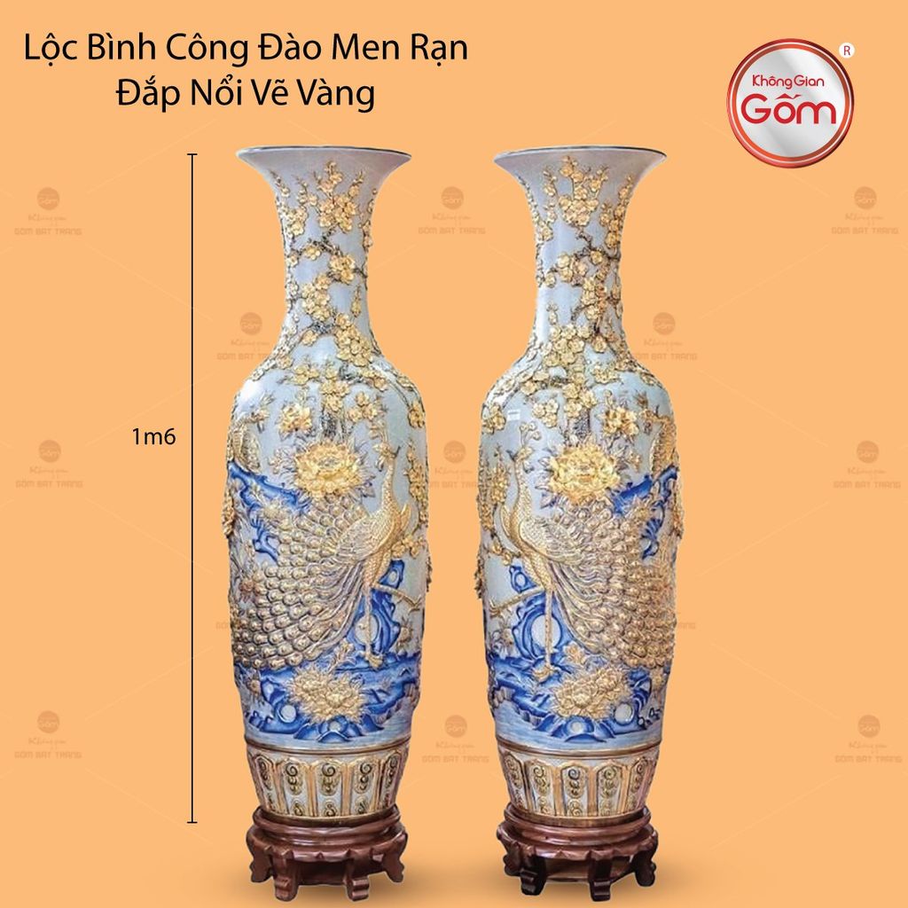 Lộc Bình Công Đào Men Rạn Đắp Nổi Vẽ Vàng