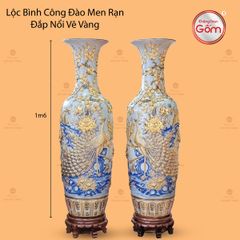 Lộc Bình Công Đào Men Rạn Đắp Nổi Vẽ Vàng
