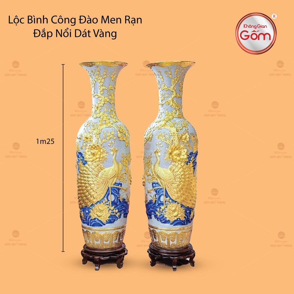 Lộc Bình Công Đào Men Rạn Đắp Nổi Dát Vàng