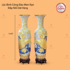 Lộc Bình Công Đào Men Rạn Đắp Nổi Dát Vàng