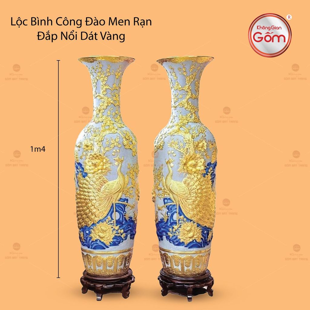 Lộc Bình Công Đào Men Rạn Đắp Nổi Dát Vàng
