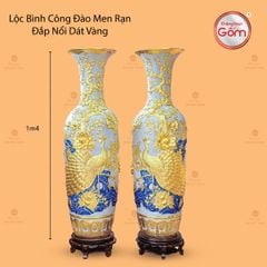Lộc Bình Công Đào Men Rạn Đắp Nổi Dát Vàng