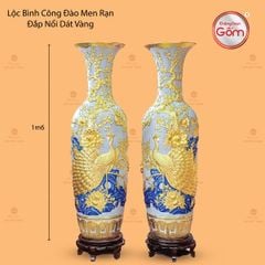 Lộc Bình Công Đào Men Rạn Đắp Nổi Dát Vàng