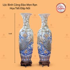 Lộc Bình Công Đào Men Rạn Họa Tiết Đắp Nổi