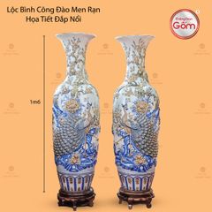 Lộc Bình Công Đào Men Rạn Họa Tiết Đắp Nổi