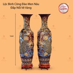 Lộc Bình Công Đào Men Nâu Đắp Nổi Vẽ Vàng
