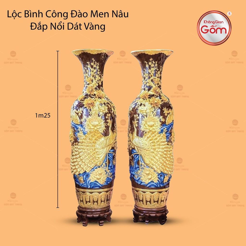 Lộc Bình Công Đào Men Nâu Đắp Nổi Dát Vàng