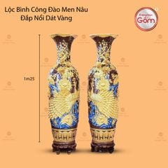 Lộc Bình Công Đào Men Nâu Đắp Nổi Dát Vàng