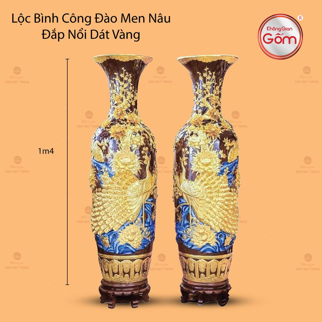 Lộc Bình Công Đào Men Nâu Đắp Nổi Dát Vàng