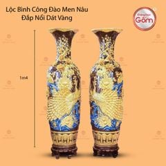Lộc Bình Công Đào Men Nâu Đắp Nổi Dát Vàng