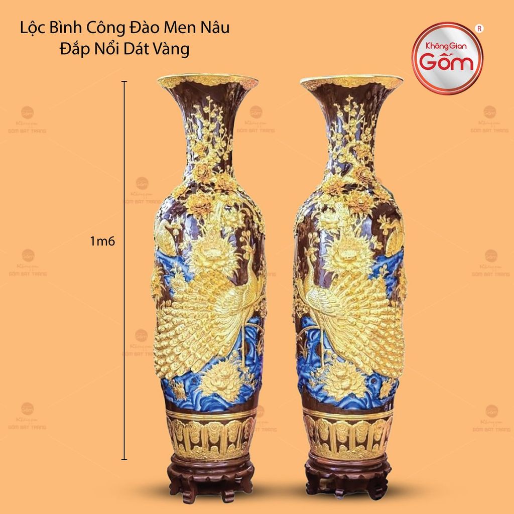 Lộc Bình Công Đào Men Nâu Đắp Nổi Dát Vàng
