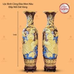 Lộc Bình Công Đào Men Nâu Đắp Nổi Dát Vàng