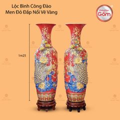 Lộc Bình Công Đào Men Đỏ Đắp Nổi Vẽ Vàng