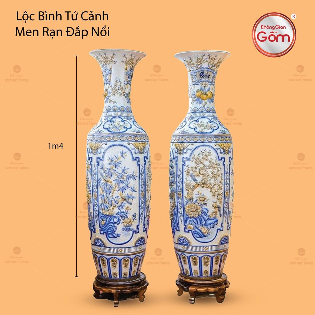 Lộc Bình Tứ Cảnh Men Rạn Đắp Nổi