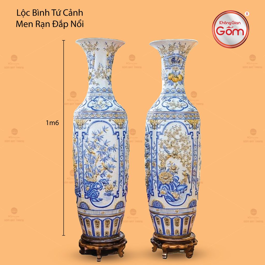Lộc Bình Tứ Cảnh Men Rạn Đắp Nổi