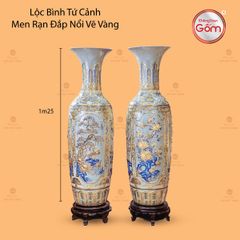 Lộc Bình Tứ Cảnh Men Rạn Đắp Nổi Vẽ Vàng