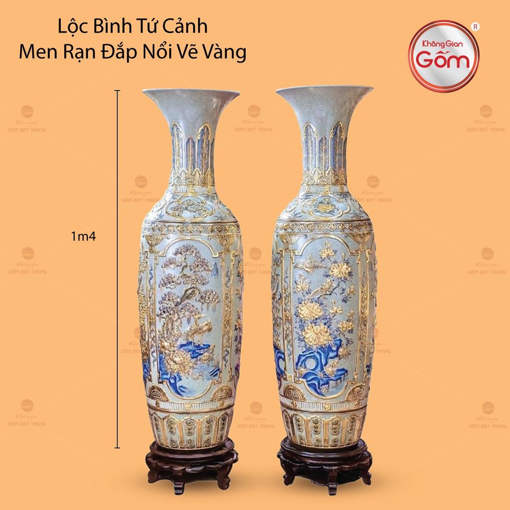 Lộc Bình Tứ Cảnh Men Rạn Đắp Nổi Vẽ Vàng