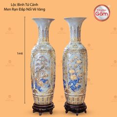 Lộc Bình Tứ Cảnh Men Rạn Đắp Nổi Vẽ Vàng