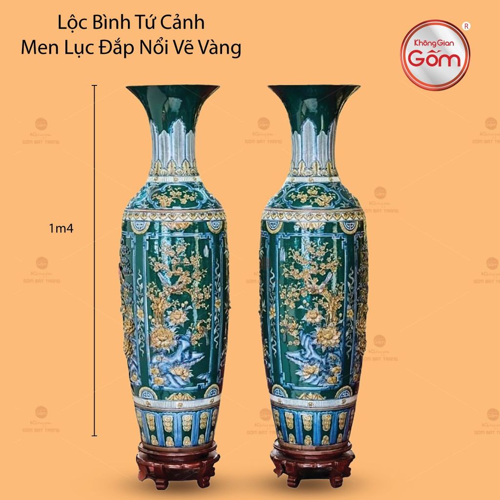 Lộc Bình Tứ Cảnh Men Lục Đắp Nổi Vẽ Vàng