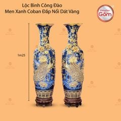 Lộc Bình Công Đào Men Xanh Coban Đắp Nổi Dát Vàng