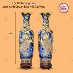 Lộc Bình Công Đào Men Xanh Coban Đắp Nổi Dát Vàng