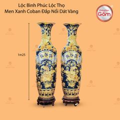 Lộc Bình Phúc Lộc Thọ Men Xanh Coban Đắp Nổi Dát Vàng