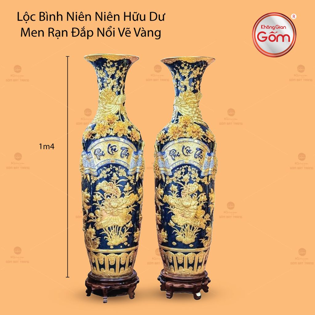 Lộc Bình Phúc Lộc Thọ Men Xanh Coban Đắp Nổi Dát Vàng