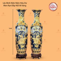 Lộc Bình Phúc Lộc Thọ Men Xanh Coban Đắp Nổi Dát Vàng