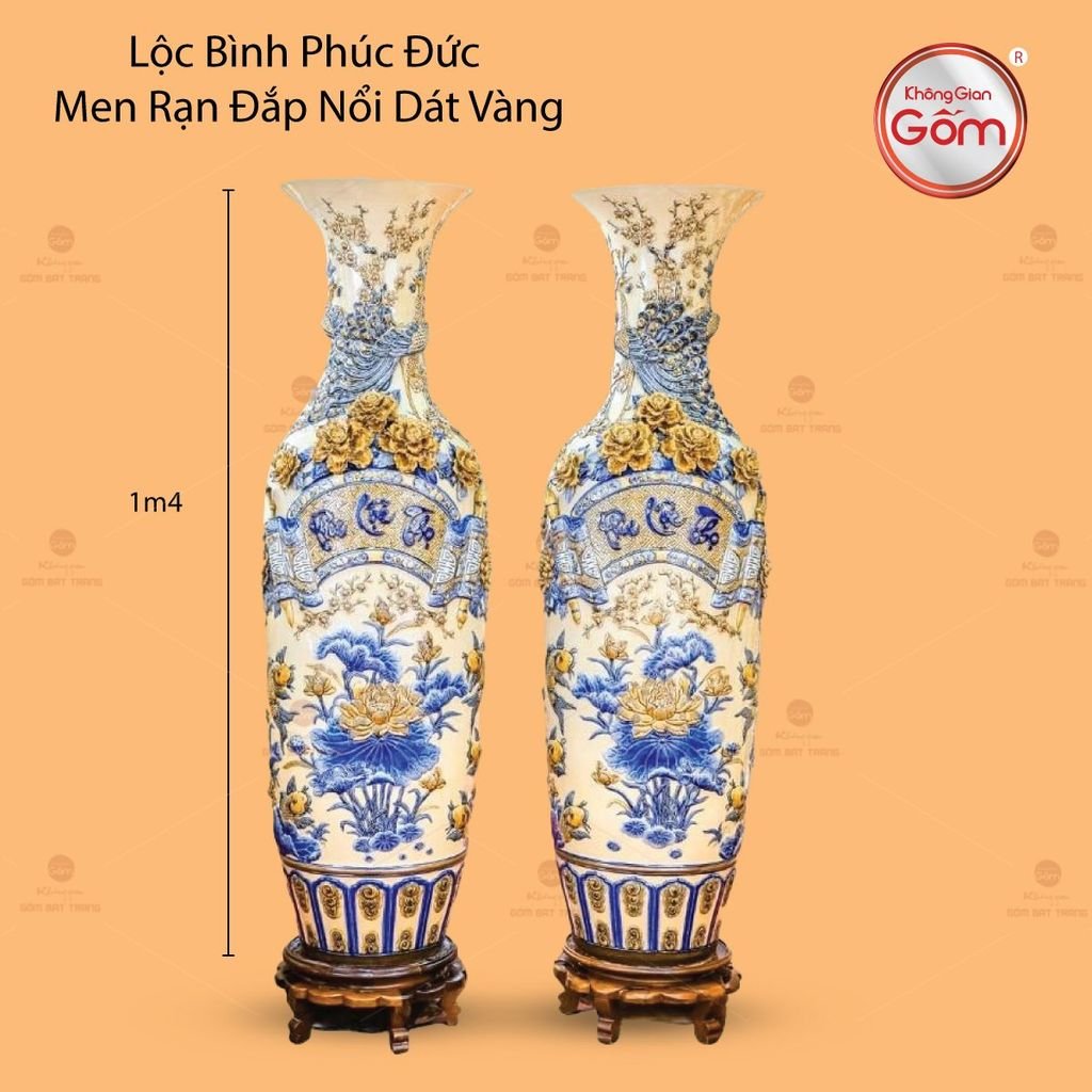 Lộc Bình Phúc Lộc Thọ Men Hoàng Thổ Đắp Nổi