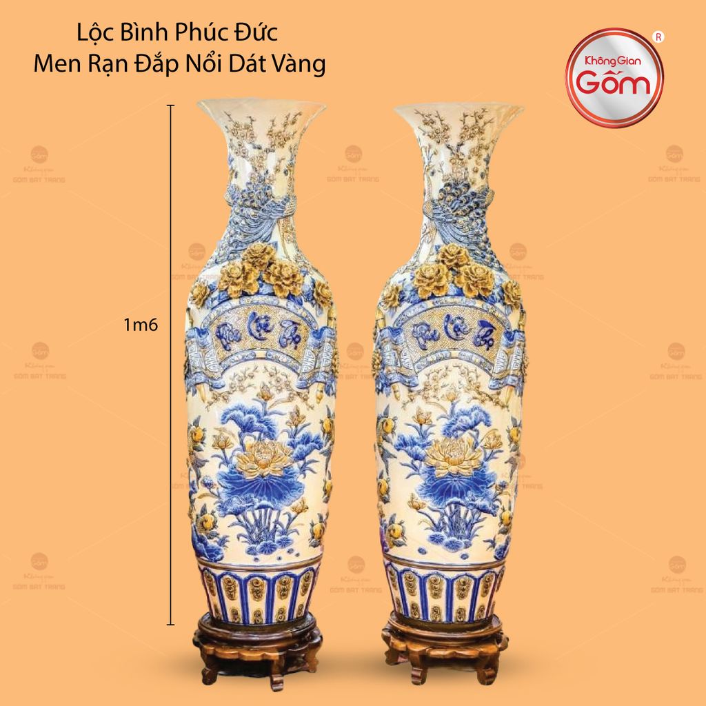 Lộc Bình Phúc Lộc Thọ Men Hoàng Thổ Đắp Nổi