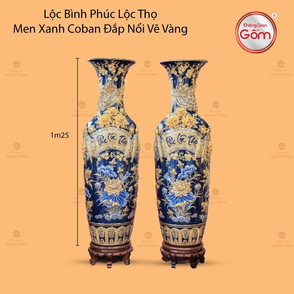 Lộc Bình Phúc Lộc Thọ Men Xanh Coban Đắp Nổi Vẽ Vàng