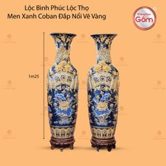 Lộc Bình Phúc Lộc Thọ Men Xanh Coban Đắp Nổi Vẽ Vàng