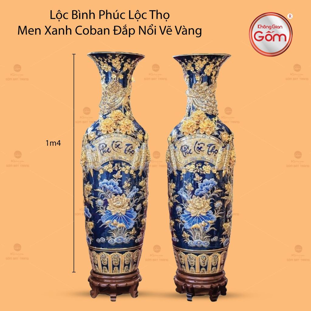 Lộc Bình Phúc Lộc Thọ Men Xanh Coban Đắp Nổi Vẽ Vàng