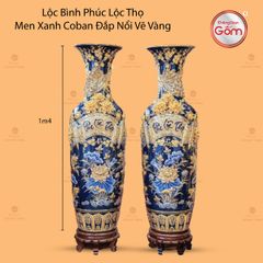 Lộc Bình Phúc Lộc Thọ Men Xanh Coban Đắp Nổi Vẽ Vàng