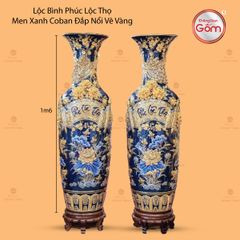 Lộc Bình Phúc Lộc Thọ Men Xanh Coban Đắp Nổi Vẽ Vàng