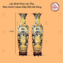 Lộc Bình Phúc Đức Men Xanh Coban Đắp Nổi Dát Vàng