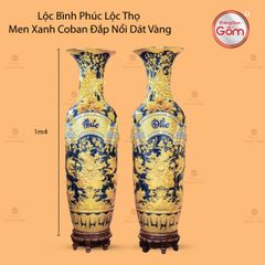 Lộc Bình Phúc Đức Men Xanh Coban Đắp Nổi Dát Vàng